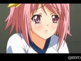 Růžový vlasy anime školní panenka jídla kohout na knees