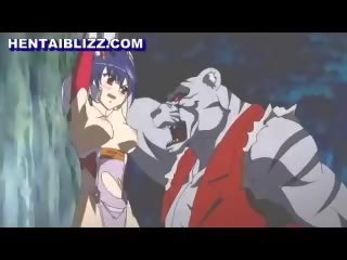 Busty hentai caught and licked her pussy by monste