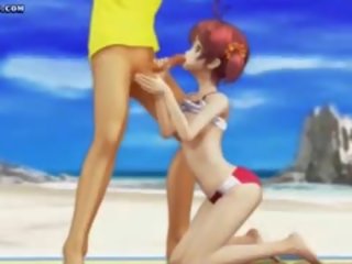 Simpatiska hentai meitene spēlē ar dzimumloceklis par pludmale